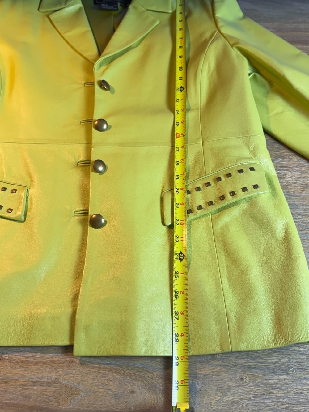 Terry Lewis Vintage Y2K Chartreuse Leather Blazer with Stud Trim - Picture 8 of 10